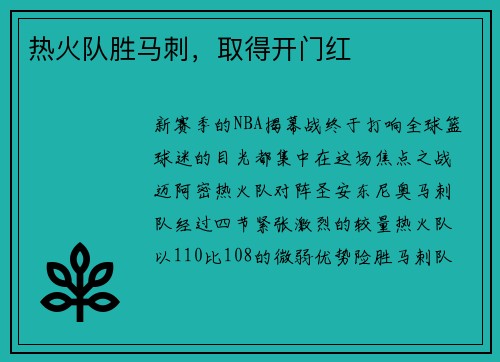热火队胜马刺，取得开门红