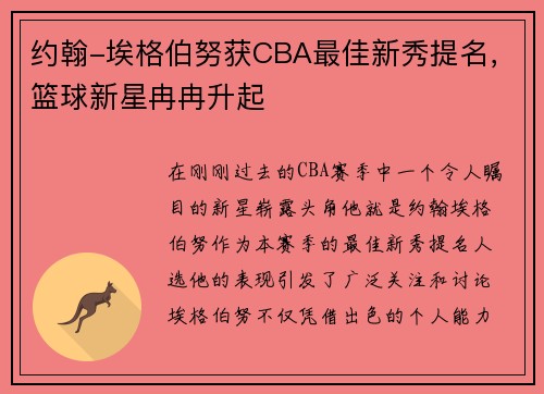 约翰-埃格伯努获CBA最佳新秀提名，篮球新星冉冉升起