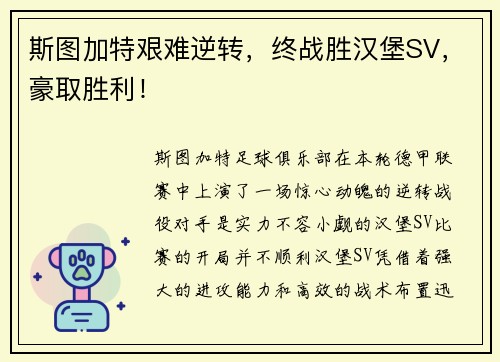 斯图加特艰难逆转，终战胜汉堡SV，豪取胜利！