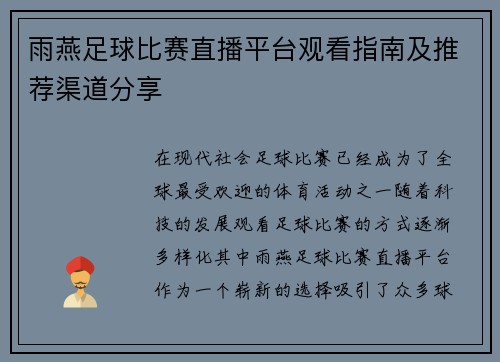 雨燕足球比赛直播平台观看指南及推荐渠道分享
