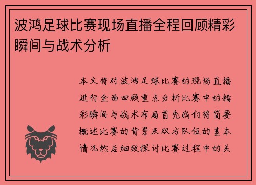 波鸿足球比赛现场直播全程回顾精彩瞬间与战术分析