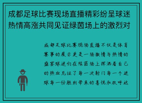 成都足球比赛现场直播精彩纷呈球迷热情高涨共同见证绿茵场上的激烈对决